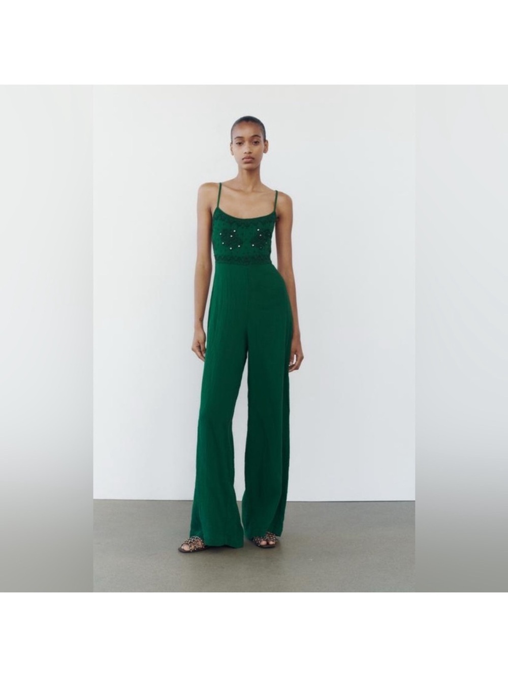 Zara Emerald Green Wide-Leg Spaghetti-Strap Jumpsuit